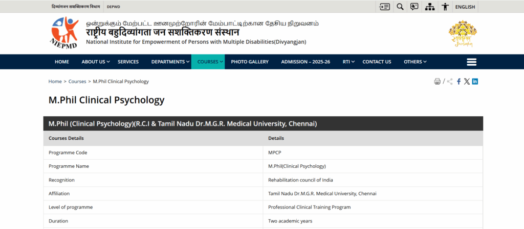 M.Phil in Clinical Psychology National Institute for Empowerment of Persons with Multiple Disabilities