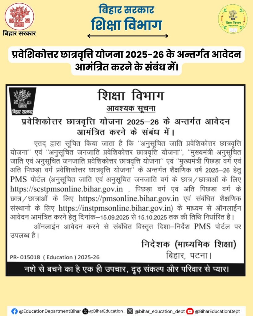 Official Notification Of Bihar Post Matric Scholarship 2025