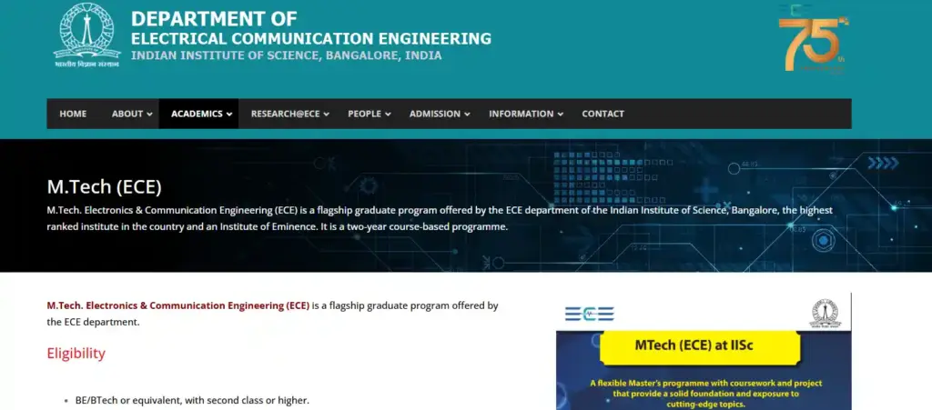 indian institute of science (iisc), bangalore website page provide M.Tech in Electronics and Communication Engineering course details