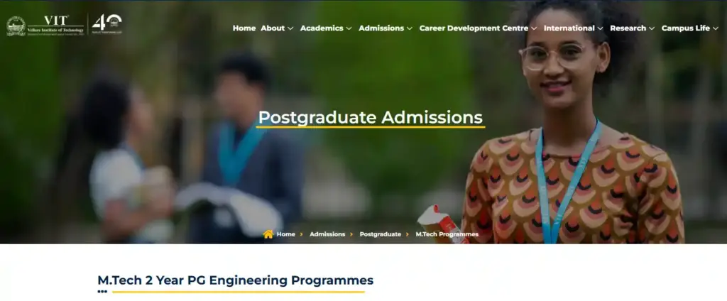 Vellore Institute of Technology (VIT), Vellore Website page offering M.Tech ECE