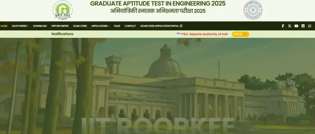 Homepage of GATE 2025 official website by IIT Roorkee for M.Tech Electronics and Communication Engineering admissions