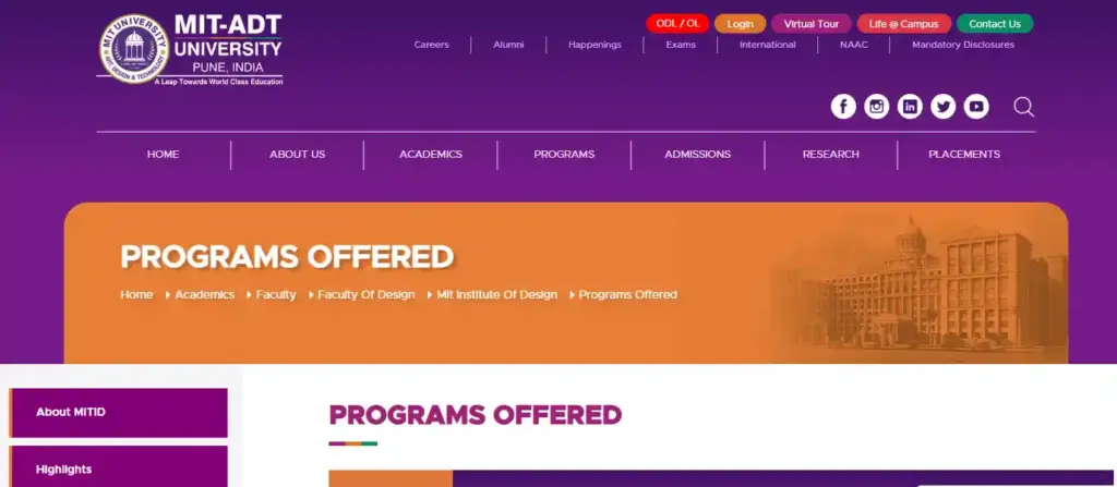 Screenshot of MIT Institute of Design, Pune website showing programs offered including B.Des. in Graphic Design course details