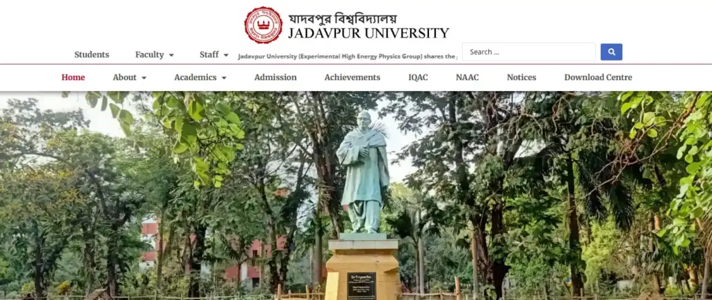 Homepage of Jadavpur University official website, which offers B.A. (Hons.) in History Course for undergraduate students