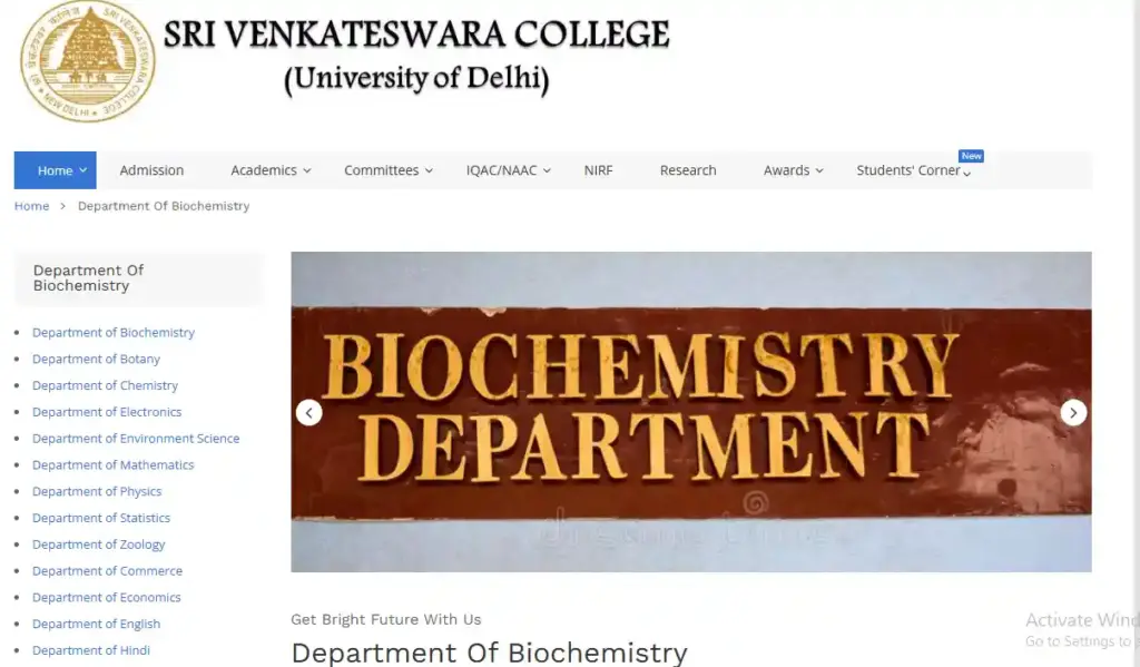 Sri Venkateswara College, University of Delhi website showing Biochemistry Department offering B.Sc. (Hons.) Biochemistry course details