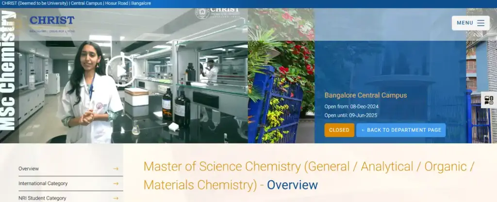 M.Sc in Chemistry Course Christ University Bangalore M.Sc Chemistry program webpage showing course overview, admission dates, and laboratory environment image