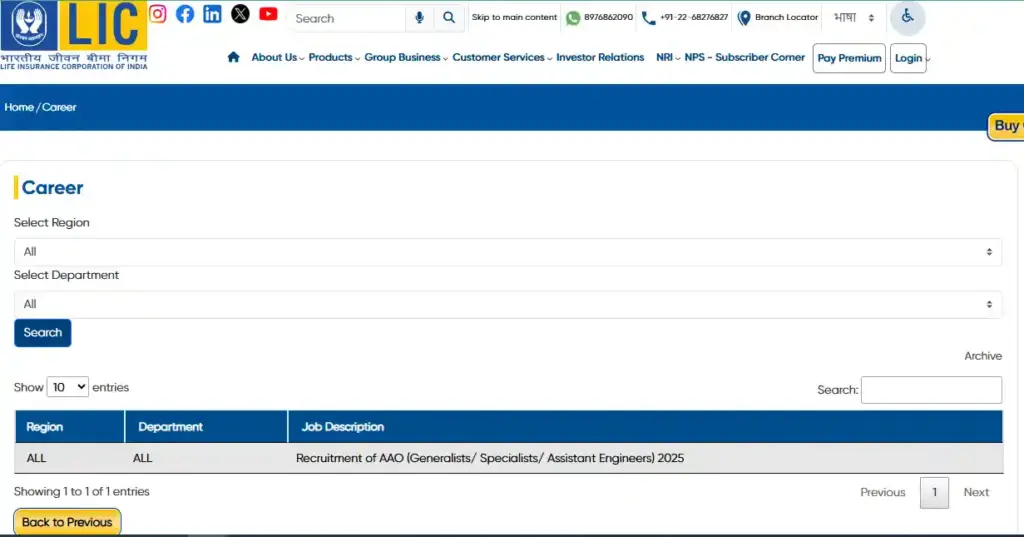 LIC official career page showing recruitment section for AAO, Specialists, and Assistant Engineers with search filter options.