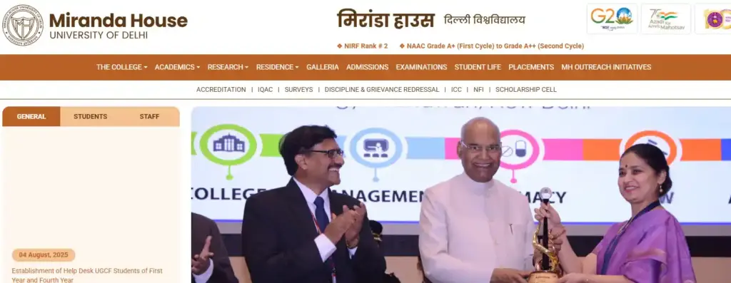 Homepage of Miranda House, Delhi University, which offers B.A. (Hons.) in History Course to undergraduate students