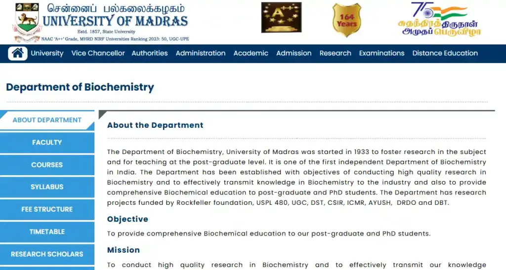 University of Madras website page for Department of Biochemistry offering B.Sc. (Hons.) Biochemistry course details, objectives, and mission