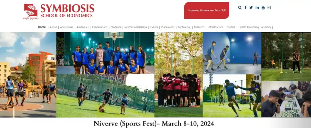 Symbiosis School of Economics campus promoting B.A. (Hons.) in Economics with vibrant sports and student life activities