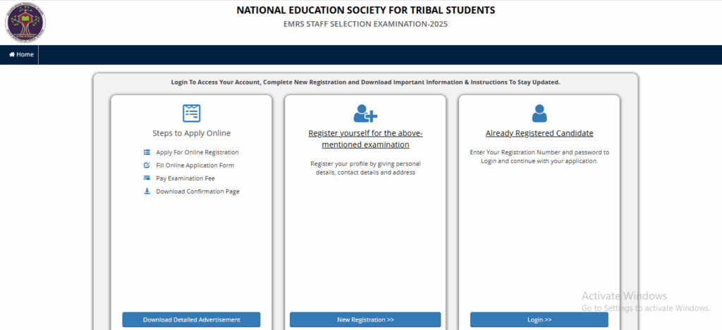 EMRS Recruitment 2025 Homepage for apply