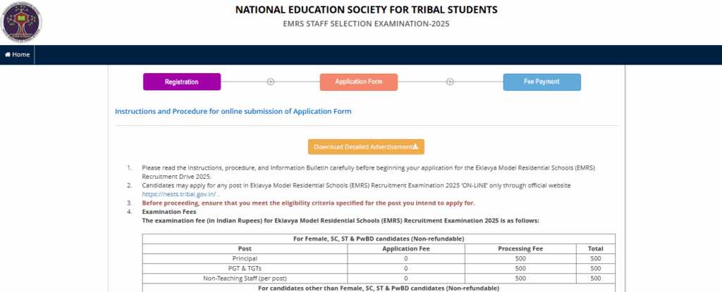 Proceed for Registation details for EMRS Recruitment 2025