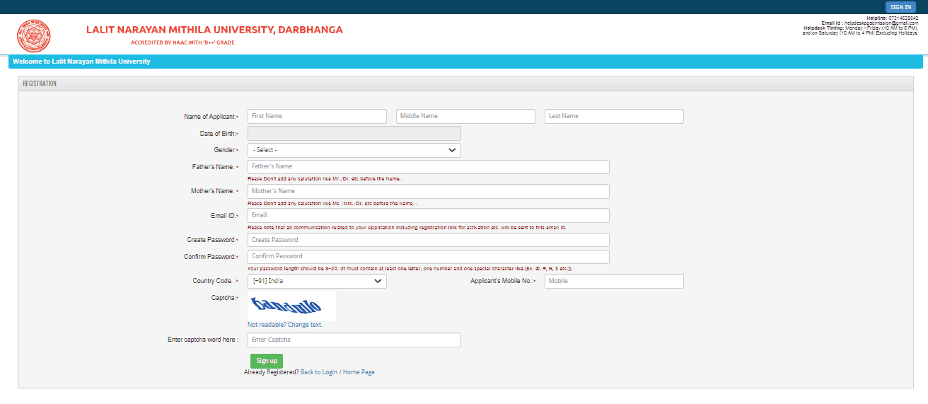 LNMU PG Admission 2025-27 Official Website Screenshot.
