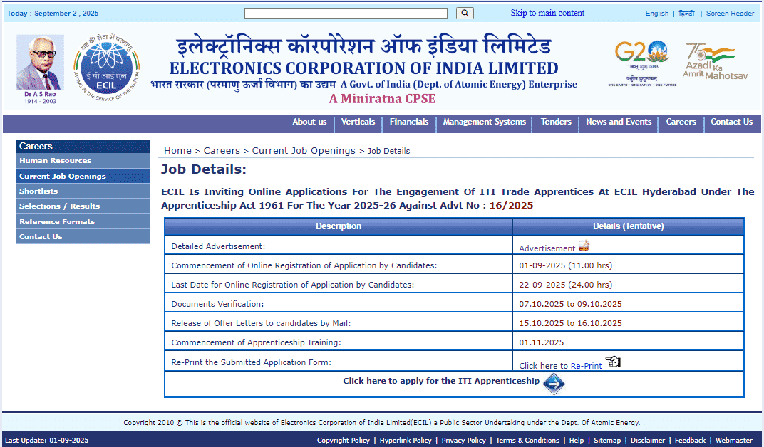 ECIL Apprentice Recruitment 2025 Official Website Screenshot.