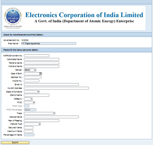 ECIL Apprentice Recruitment 2025 Official Website Screenshot.