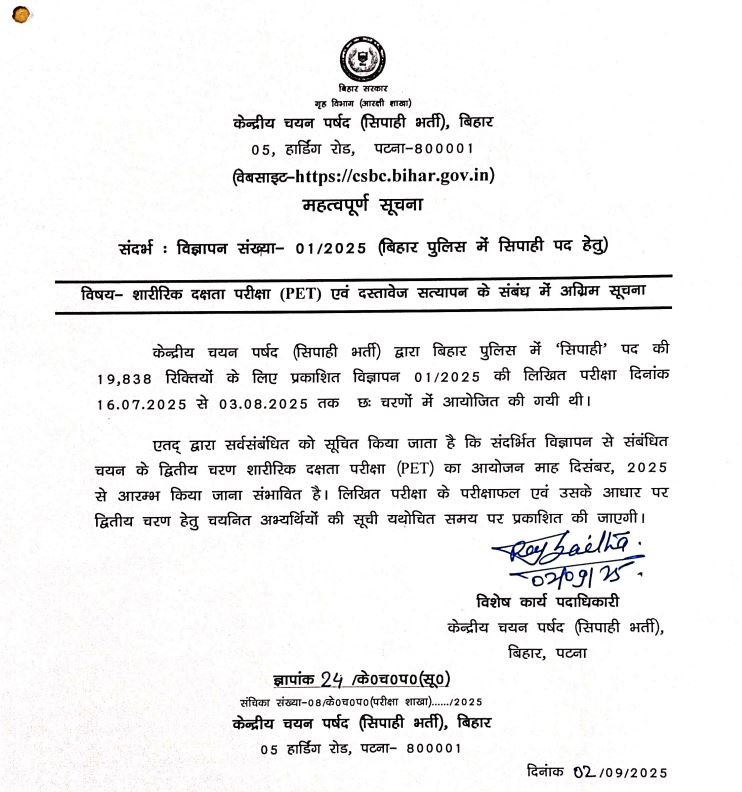 Bihar Police Constable Physical Date 2025 Bihar Police Constable PET Exam 2025