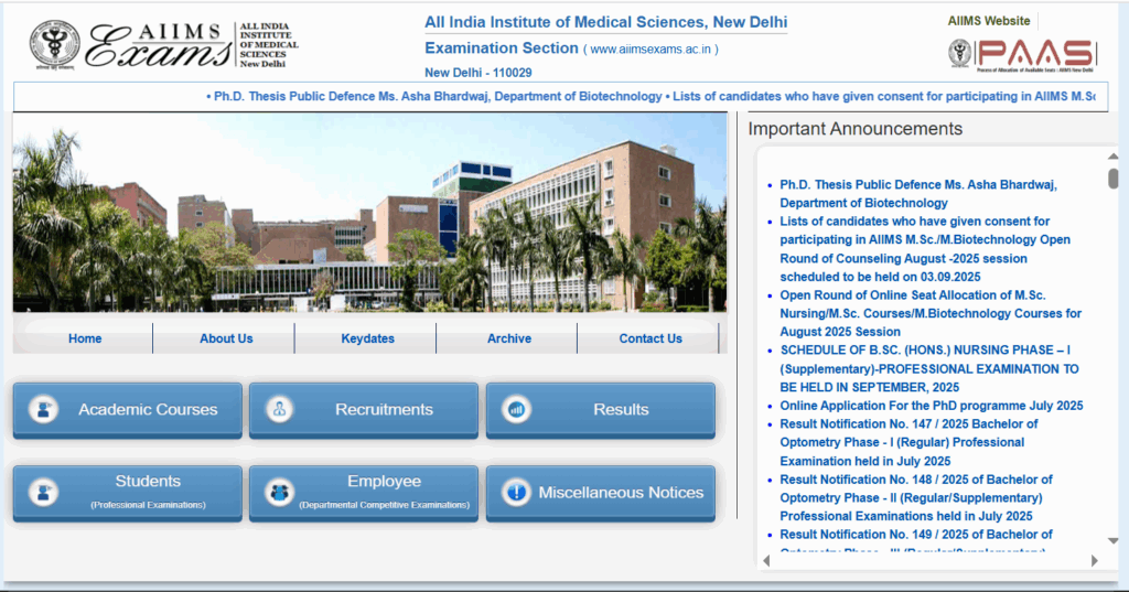 aiimsexams.ac.in offcial Website