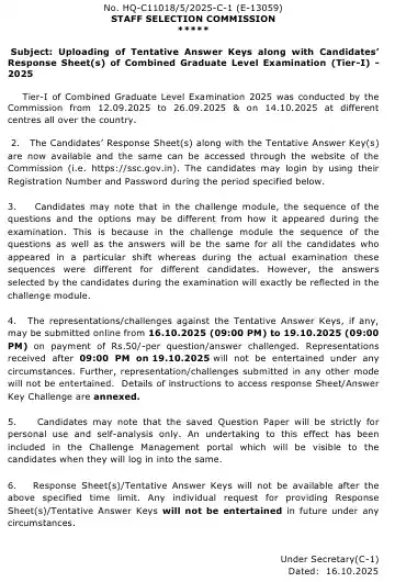 SSC CGL Answer Key 2025 Official notification for SSC CGL Answer Key 2025