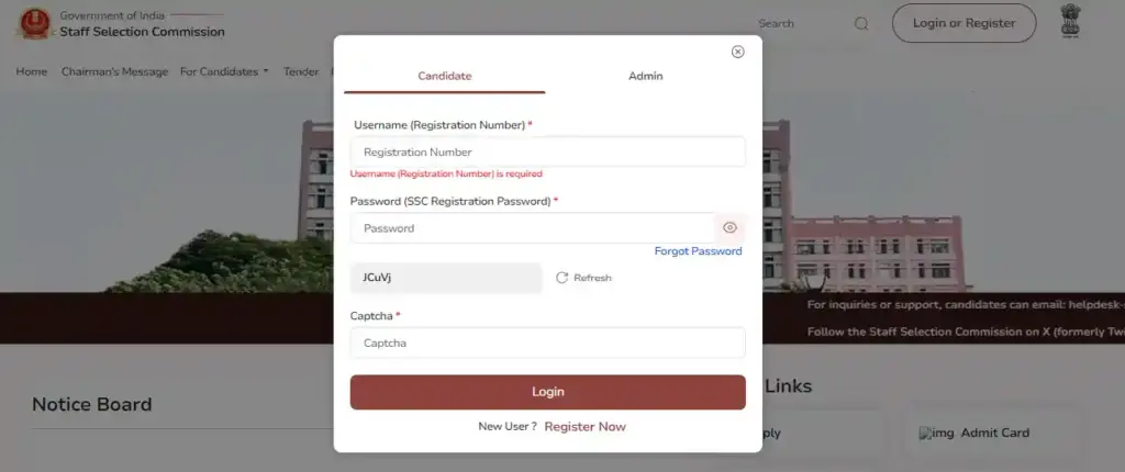 login option for SSC JE Self Slot Selection 2025
