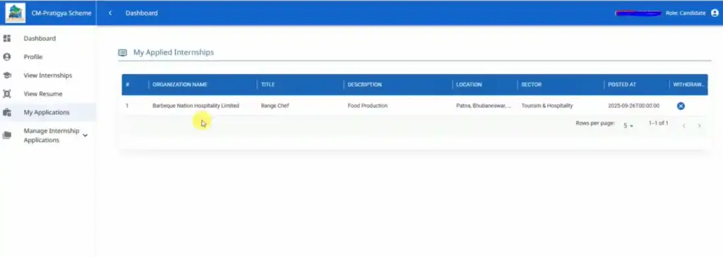 Check All applyed internship 