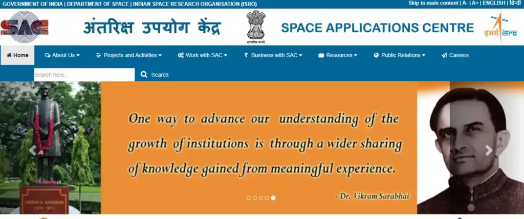 NEEPCO Apprentice Recruitment 2025 Homepage ISRO SAC website home page for ISRO SAC Recruitment 2025