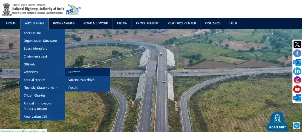 NHAI Recruitment 2025 NHAI website home page image for NHAI Recruitment 2025