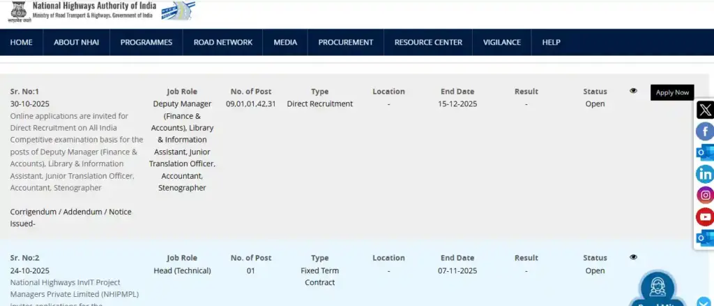 NHAI Recruitment 2025 Apply option for NHAI Recruitment 2025