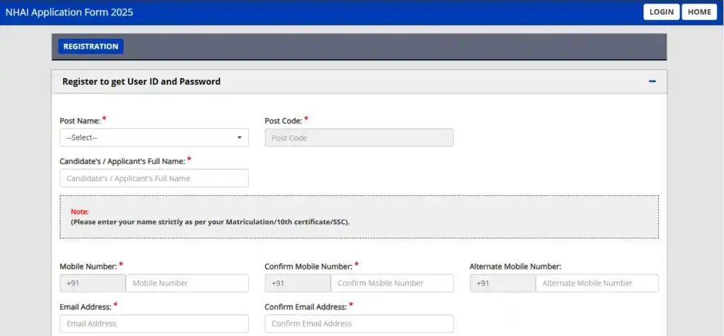 NHAI Recruitment 2025 Registration form image for NHAI Recruitment 2025
