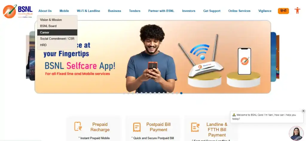 BSNL website home page for BSNL Recruitment 2025