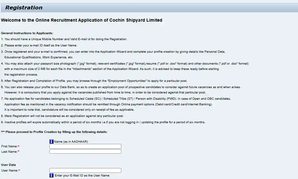 Register form for Cochin Shipyard CSL Apprentices Recruitment 2025