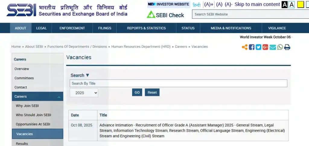 SEBI Grade A Recruitment 2025 apply option link