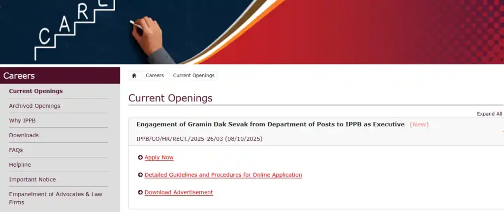 Current Opeings and Apply option image for IPPB Executive Recruitment 2025