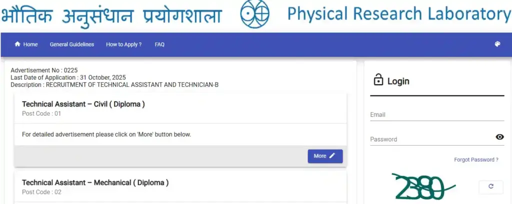PRL OPAR website page for ISRO PRL Technical Assistant Technician Recruitment 2025