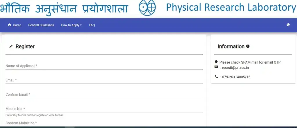 Register Form for ISRO PRL Technical Assistant Technician Recruitment 2025