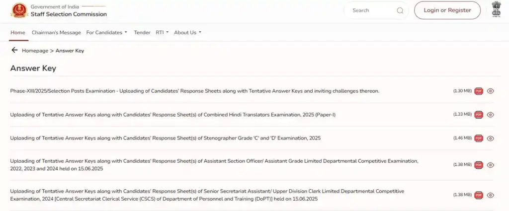 Answer key setcion page for SSC CGL Answer Key 2025