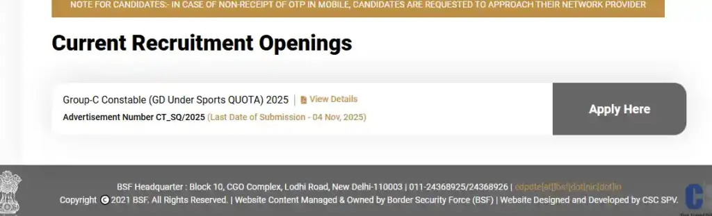 Apply option for BSF Sports Quota Recruitment 2025