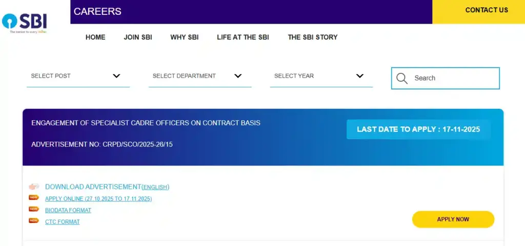 ENGAGEMENT OF SPECIALIST CADRE OFFICERS ON CONTRACT BASIS apply option for SBI SCO Recruitment 2025