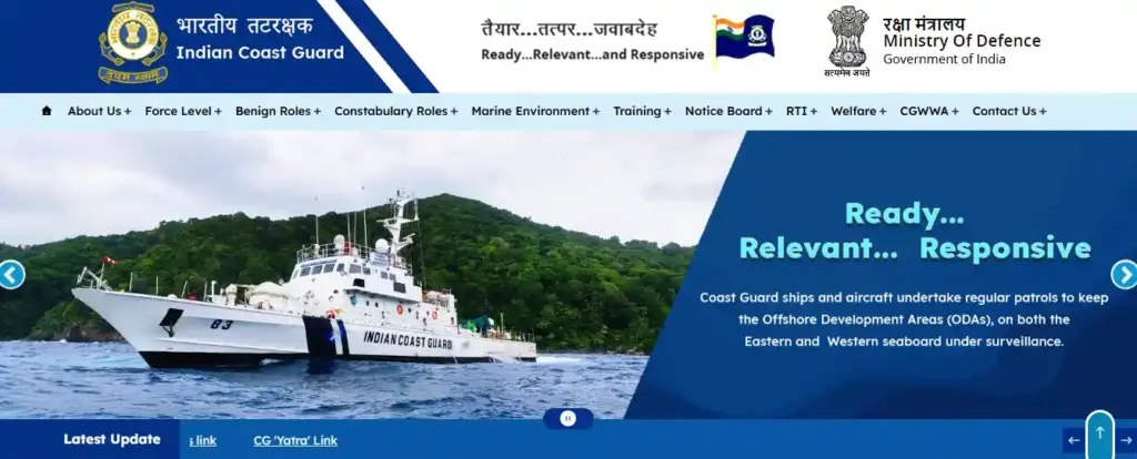 indiancoastguard website hompage for Indian Coast Guard Recruitment 2025 form