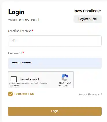 login form for BSF Sports Quota Recruitment 2025