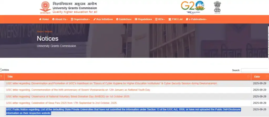 Notification for UGC Defaulting Private Universities List 2025