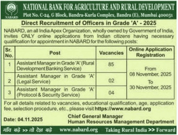 Short Notice image of NABARD Officers Grade A Recruitment 2025
