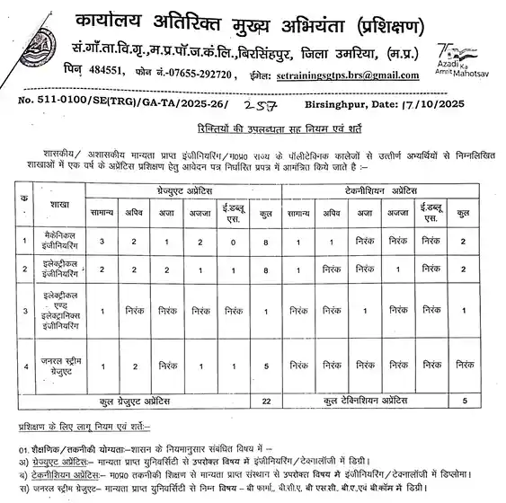 Official notification image of MPPGCL Apprentice Recruitment 2025