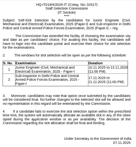 official notification of SSC JE Self Slot Selection 2025