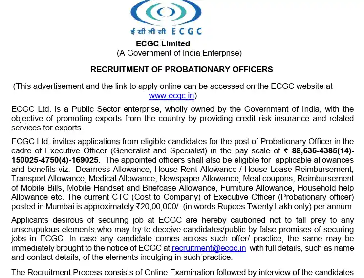Official Notification of ECGC PO (Probationary Officers) Recruitment 2025