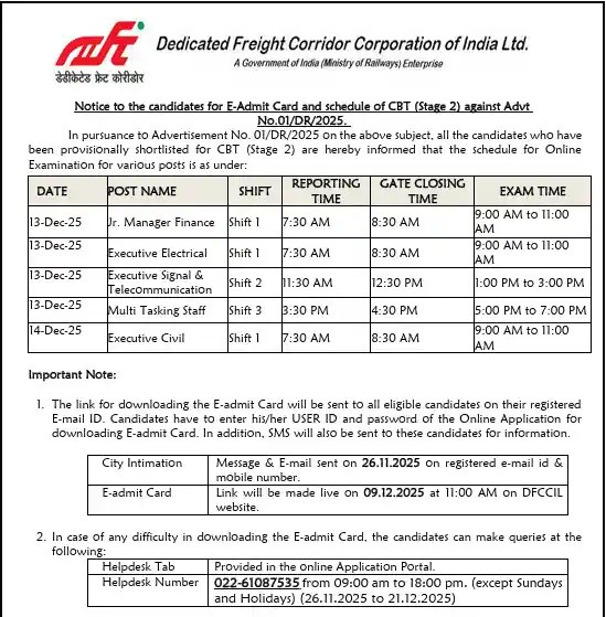 Notice to the candidates for E-Admit Card and schedule of CBT (Stage 2) of DFCCIL MTS, Executive & Jr. Manager Stage-II Admit Card 2025