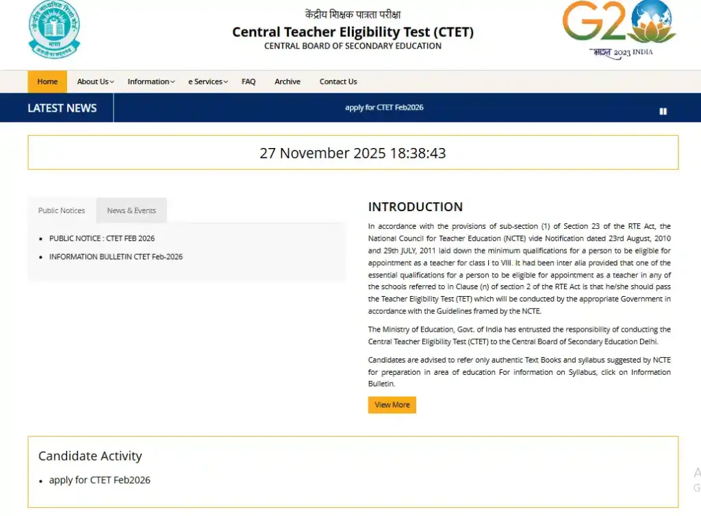 CTET website homepage for CTET February 2026 