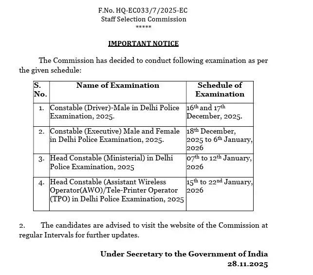 Bihar Board 12th Exam Date 2026 Exam date notice for SSC Delhi Police Constable, Head Constable Exam Date 2025 Out