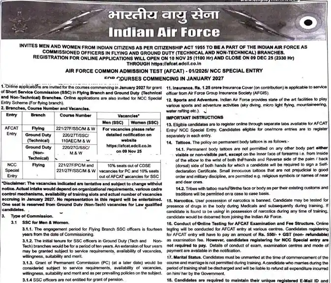 Short notice image of Air Force AFCAT 01/2026 Notification Out