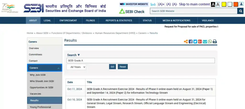 All result option for SEBI Grade A Previous Year Cut-Off