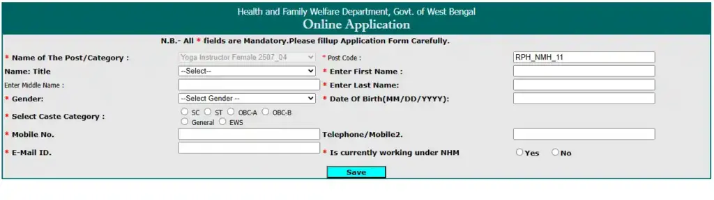 Registration form for DHFWS Rampurhat HD Recruitment 2025