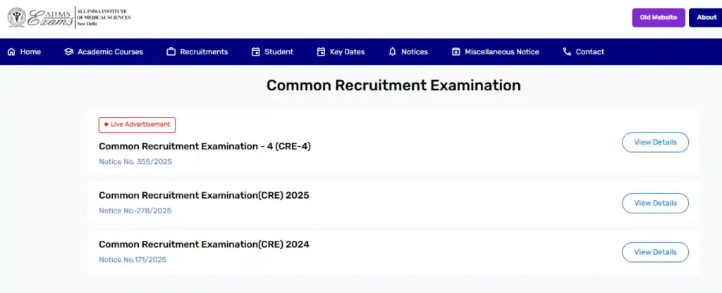 AIIMS CRE-4 Recruitment 2025 Common Recruitment Examination apply option for AIIMS CRE-4 Recruitment 2025